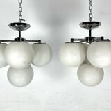 Space age style, Vintage Pair of ceiling lamps in chrome and opaline glass. Italy 1980s