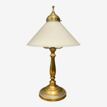 Ornate brass table lamp with opaline glass shade