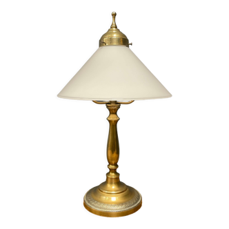 Ornate brass table lamp with opaline glass shade