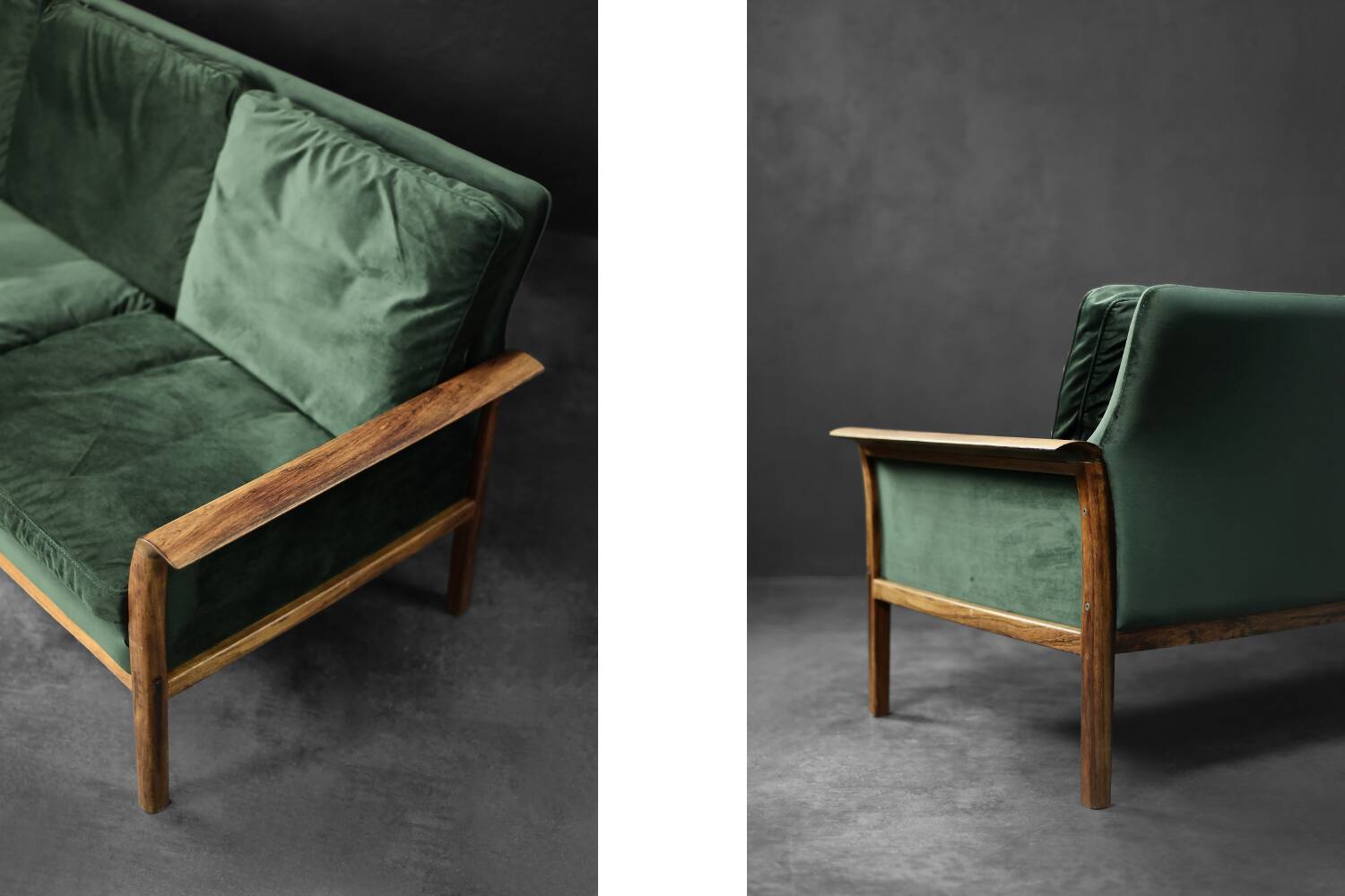 Vintage Mid-Century Modern Rosewood & Green Velour 3-Seater Sofa and Chair