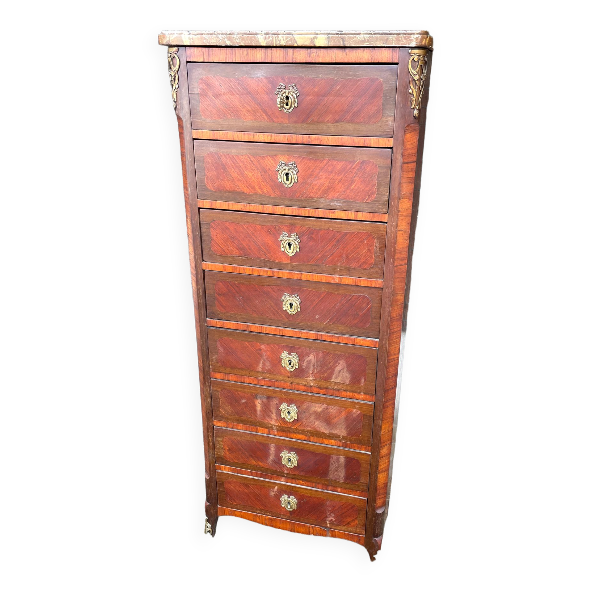 Weekly / chiffonnier, chest of drawers with 8 drawers in marquetry, marble top.