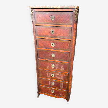 Semainier / chiffonnier, commode à 8 tiroirs en marqueterie, dessus marbre.