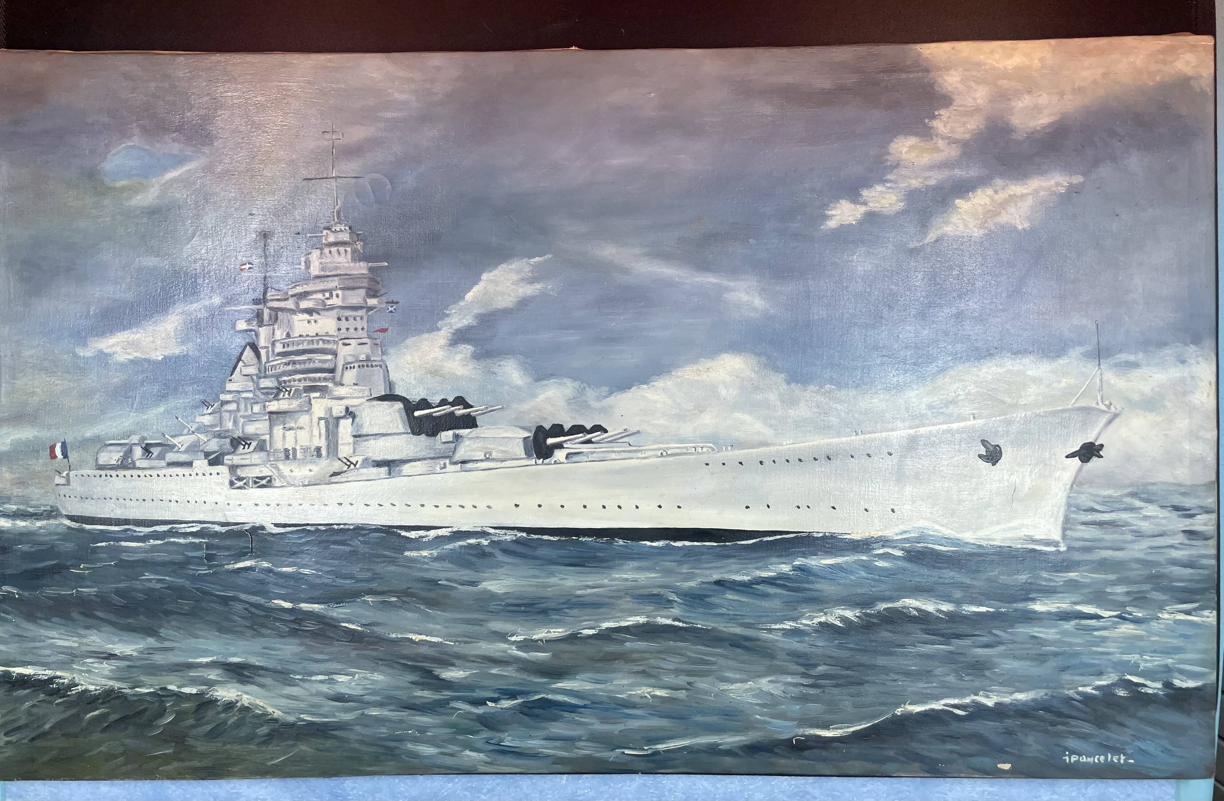 oil on canvas - Marine, Battleship on rough sea, signed Poncelet
