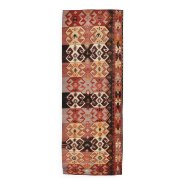 4x13 Kilim Dark Brown & Red Vintage Runner Rug, 139x396Cm