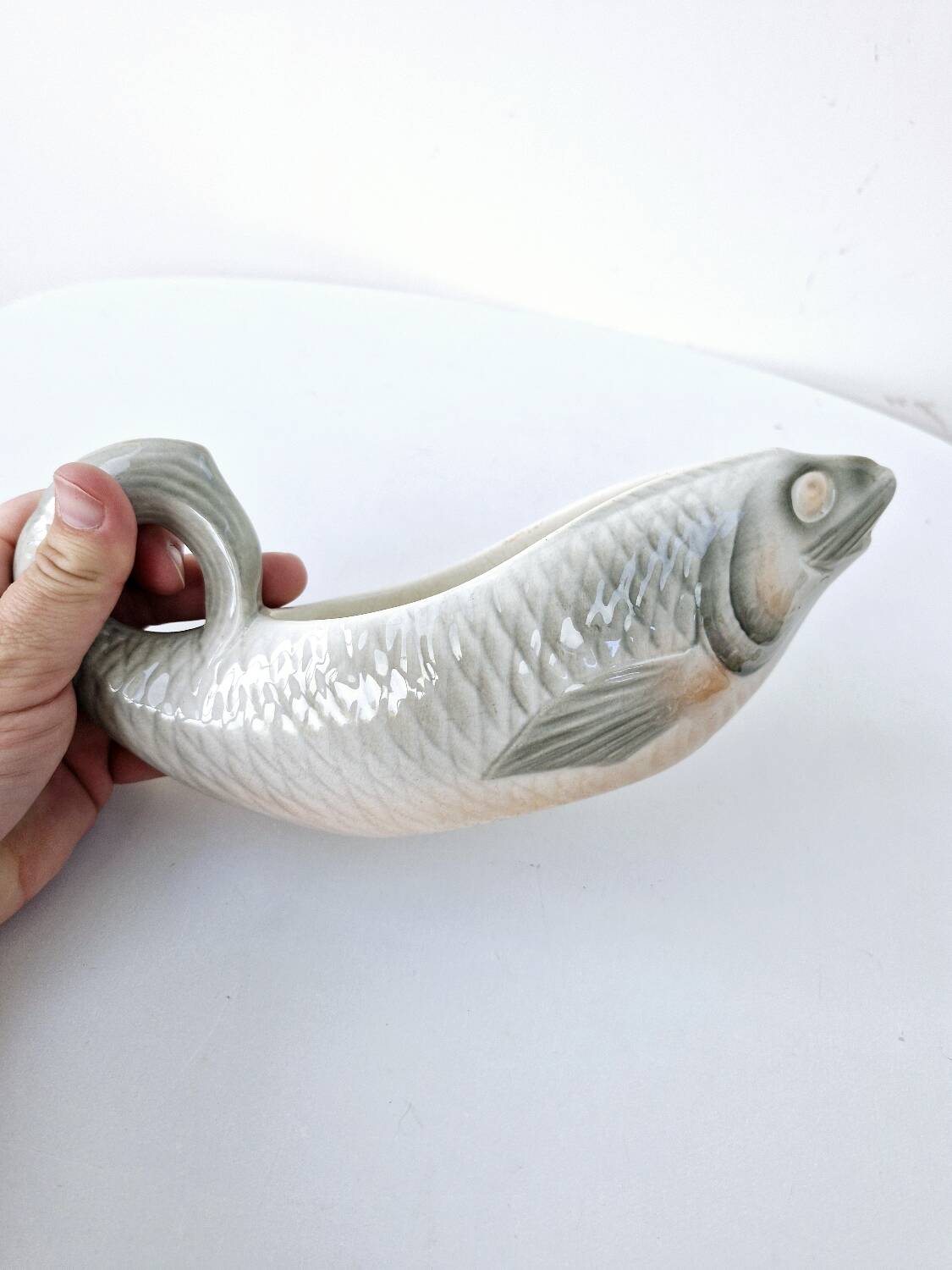 Gravy Boat With Handle Old Earthenware Ceramic Sarreguemines Salmon Fish Shape