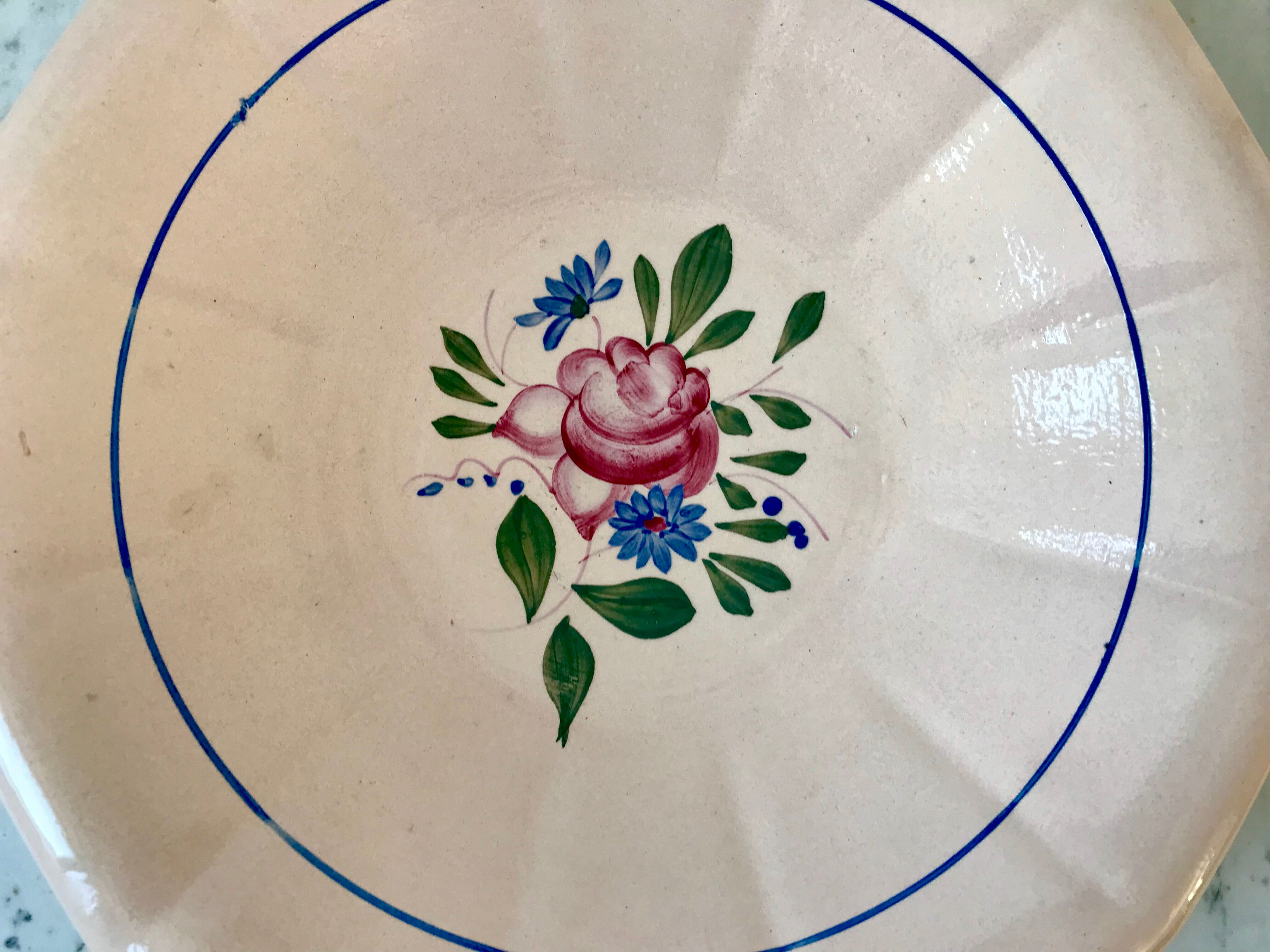 hollow dish Digoin Sarreguemines beige with pink and blue flowers 40s