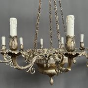 Large, rare antique chandelier in solid silver-plated bronze, Empire style, 12 light points.