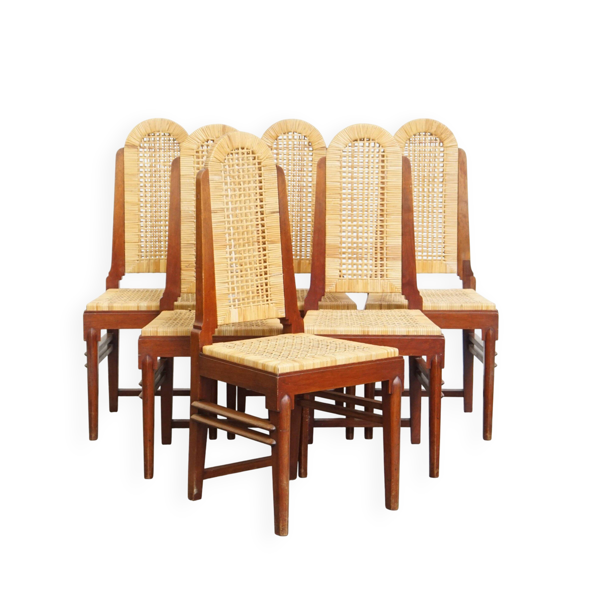 et of 6 wooden Art Deco design dining chairs with a wicker seat and backrest