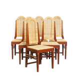 et of 6 wooden Art Deco design dining chairs with a wicker seat and backrest