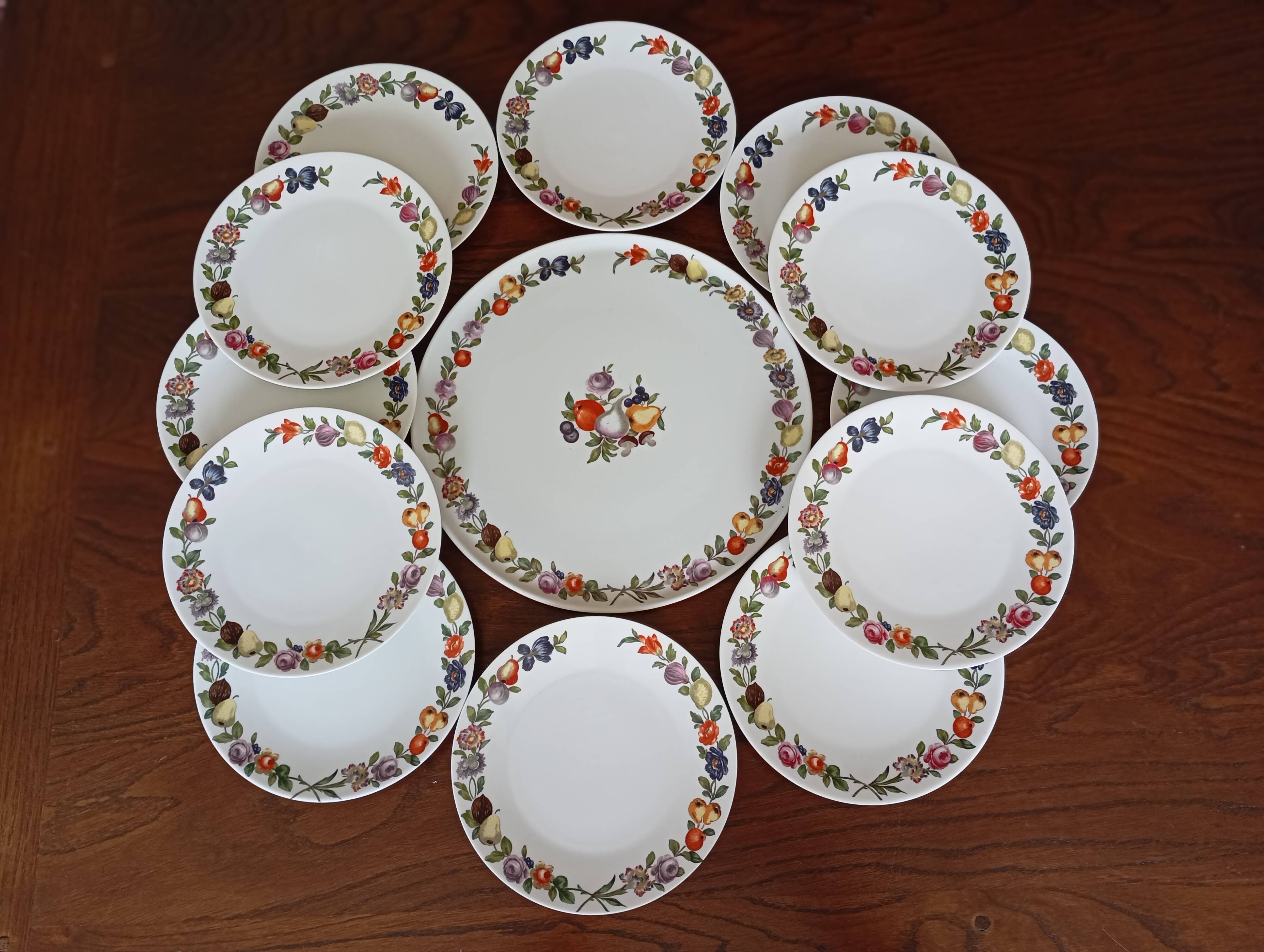 Dish & 12 dessert plates Porcelain of Paris "The Four Seasons"