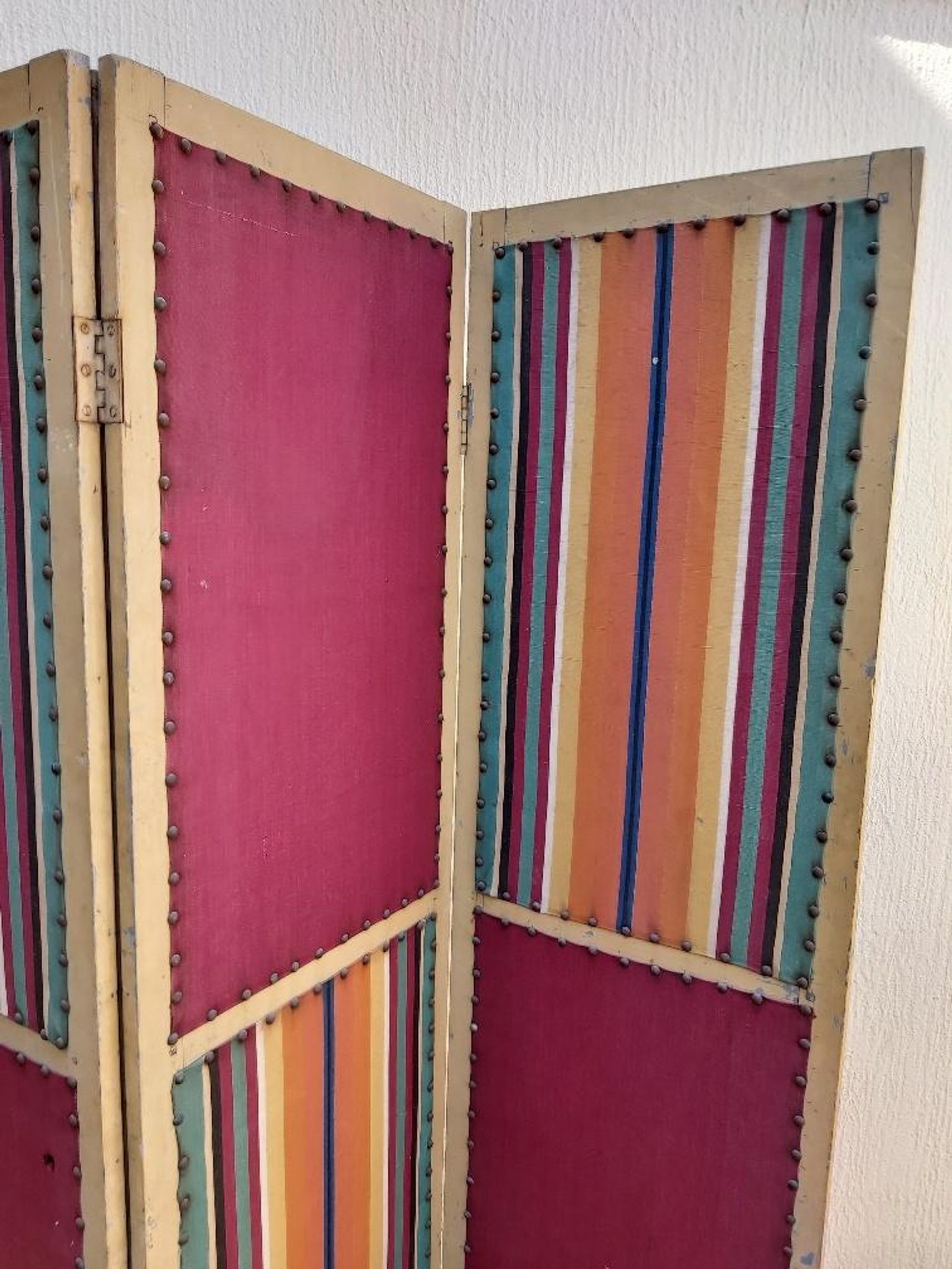 Paravent ancien 4 feuilles bois et tissu