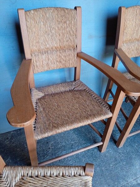 Lot 2 armchairs and 2 chairs design wood and straw period 1970