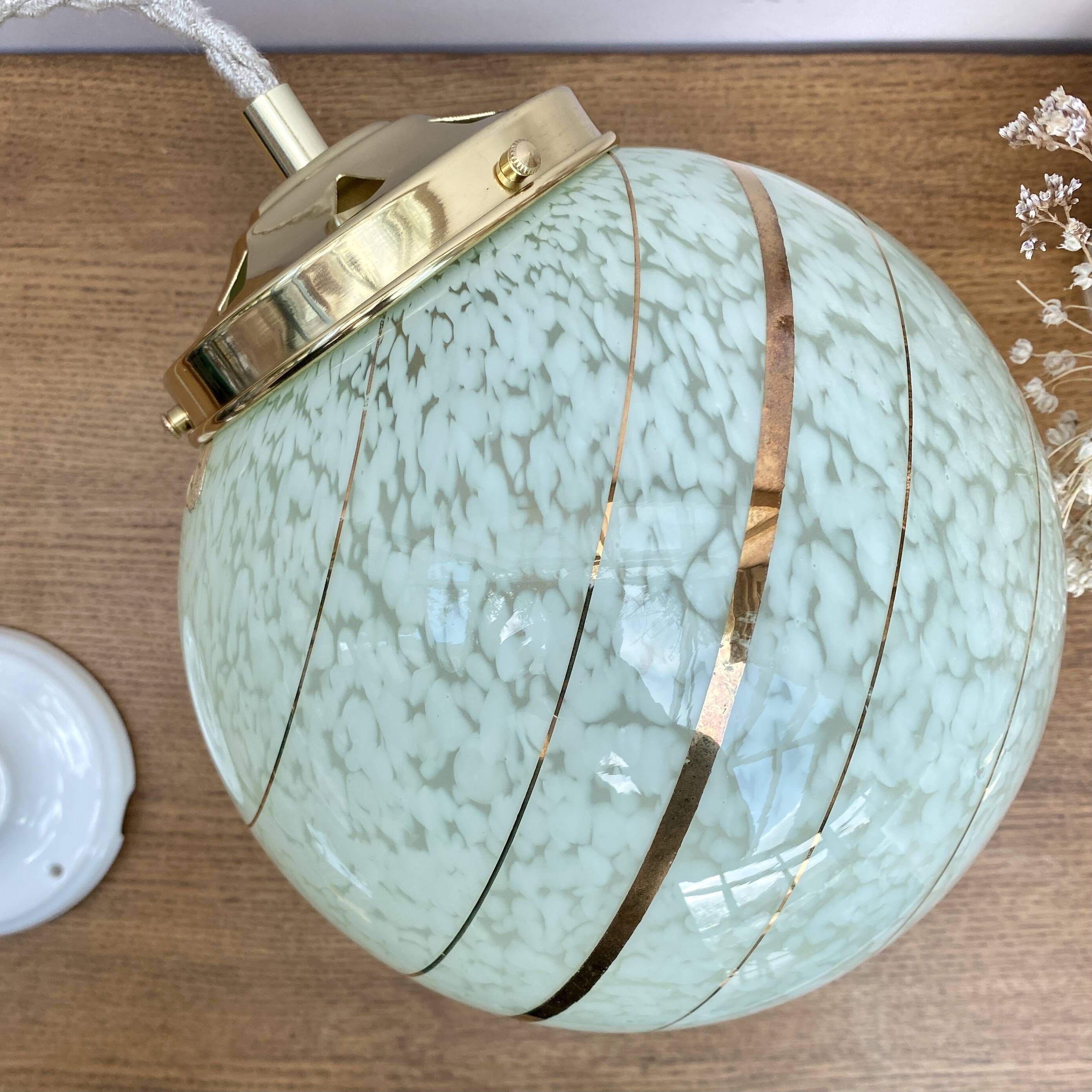 Vintage art deco globe pendant light in mint and gold clichy glass