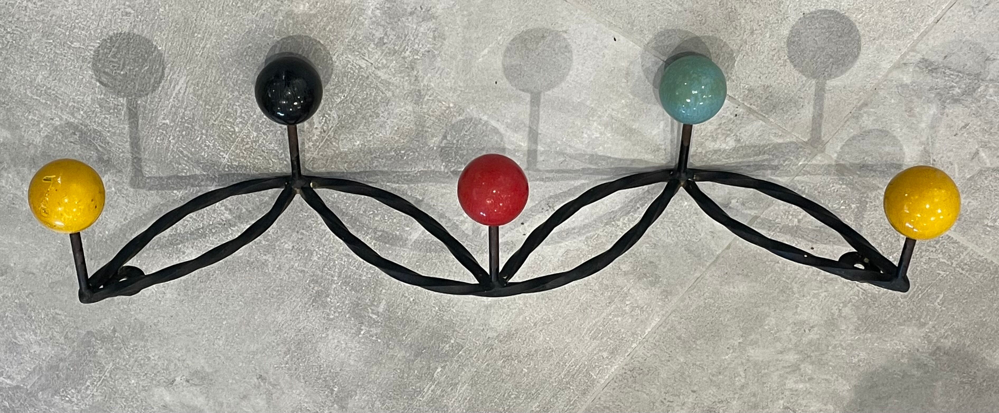 Coat rack hook 5 twisted multicolored balls circa 1960
