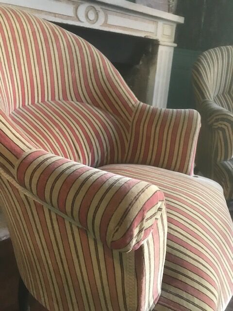 Pair of Original tapestry velvet stripe armchairs.
