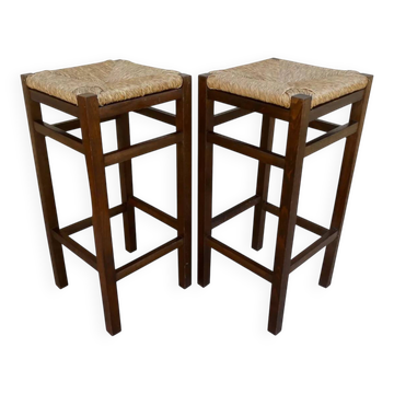 paire de tabourets de bar, en bois avec assise paillée