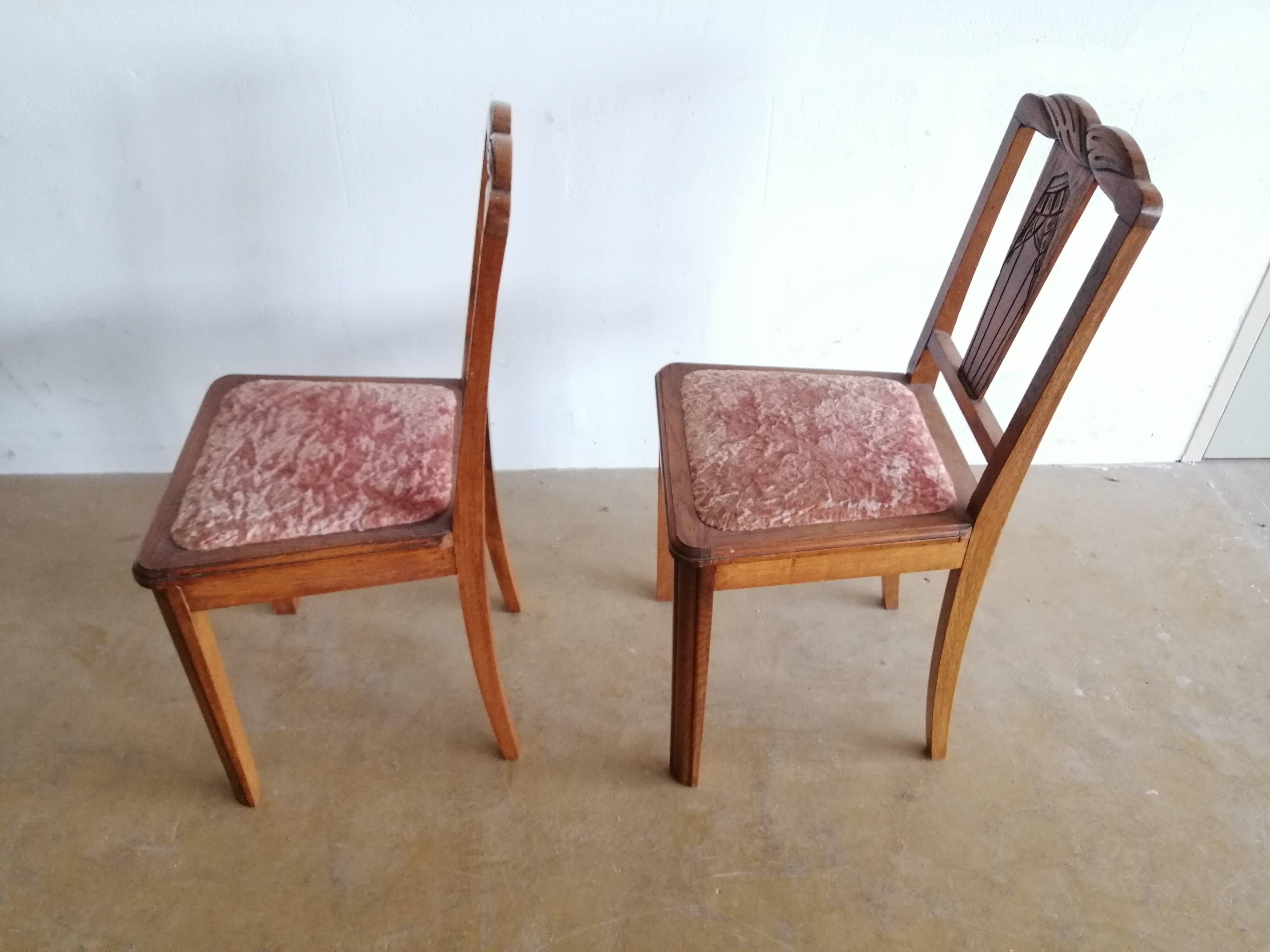 Lot de 2 chaises années 50 chêne et velours rose