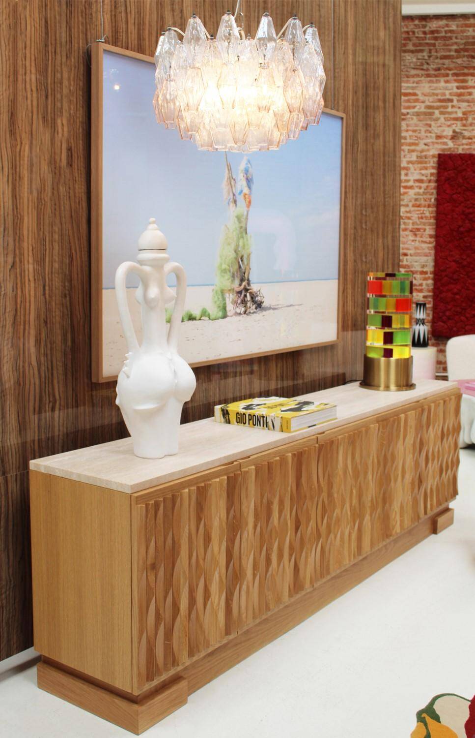 Italian Oak Wood Sideboard with Hand Carved Patterns and Travertine Marble Top