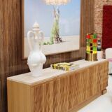 Italian Oak Wood Sideboard with Hand Carved Patterns and Travertine Marble Top