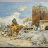 A. Guevenne – Animated Orientalist Scene with Camel – Oil on Canvas -