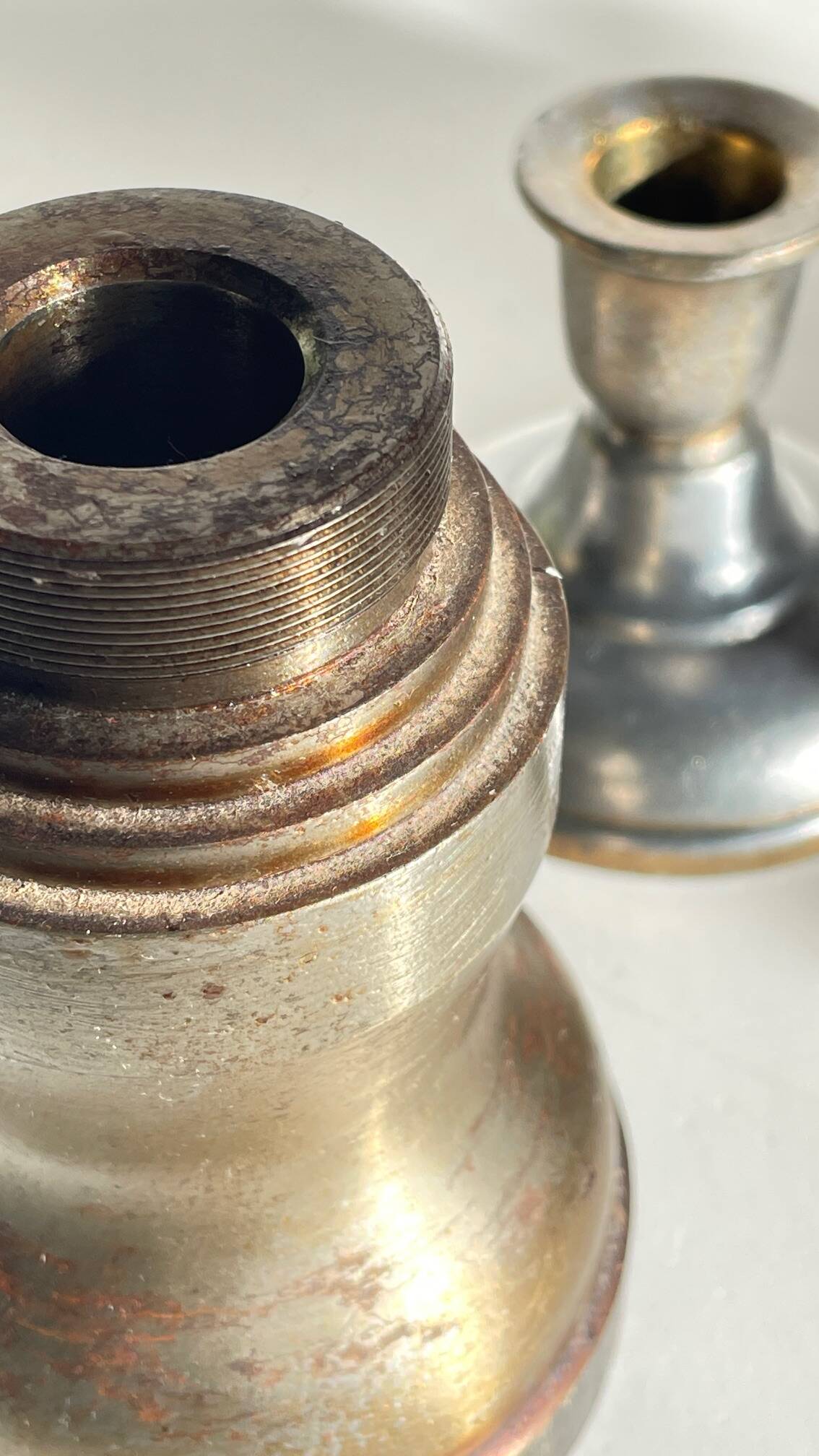 Industrial candle holders steel and silver bronze vintage