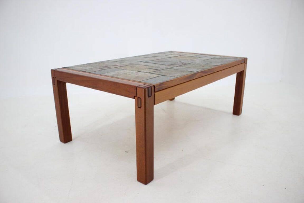 1970s Danish Modern Coffee Table in Solid Teak with Inset Slate Tile Top