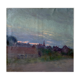 Old Post Impressionist painting "Village au crepuscule" by François Moreau