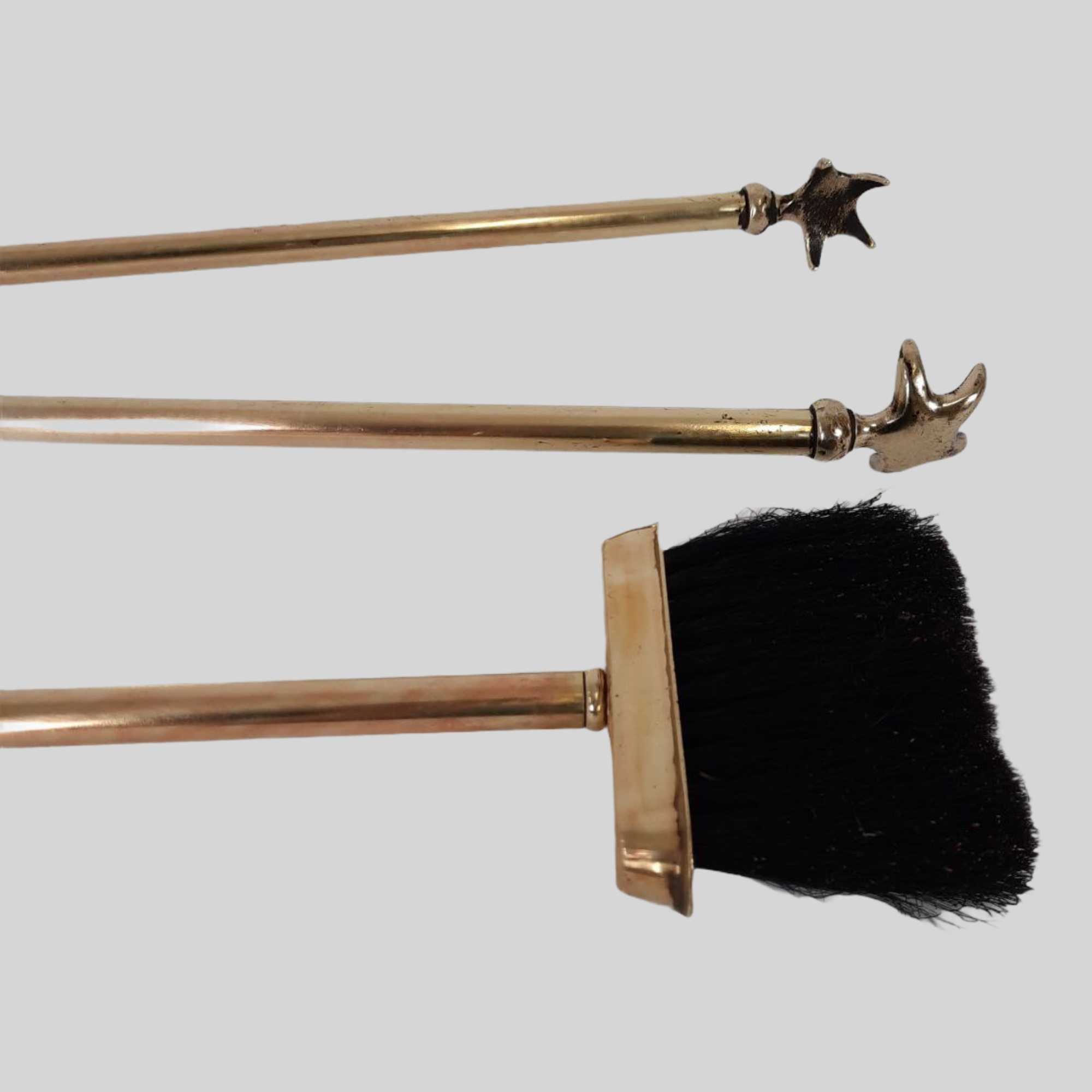 Tool set, brass fireplace accessories, vintage