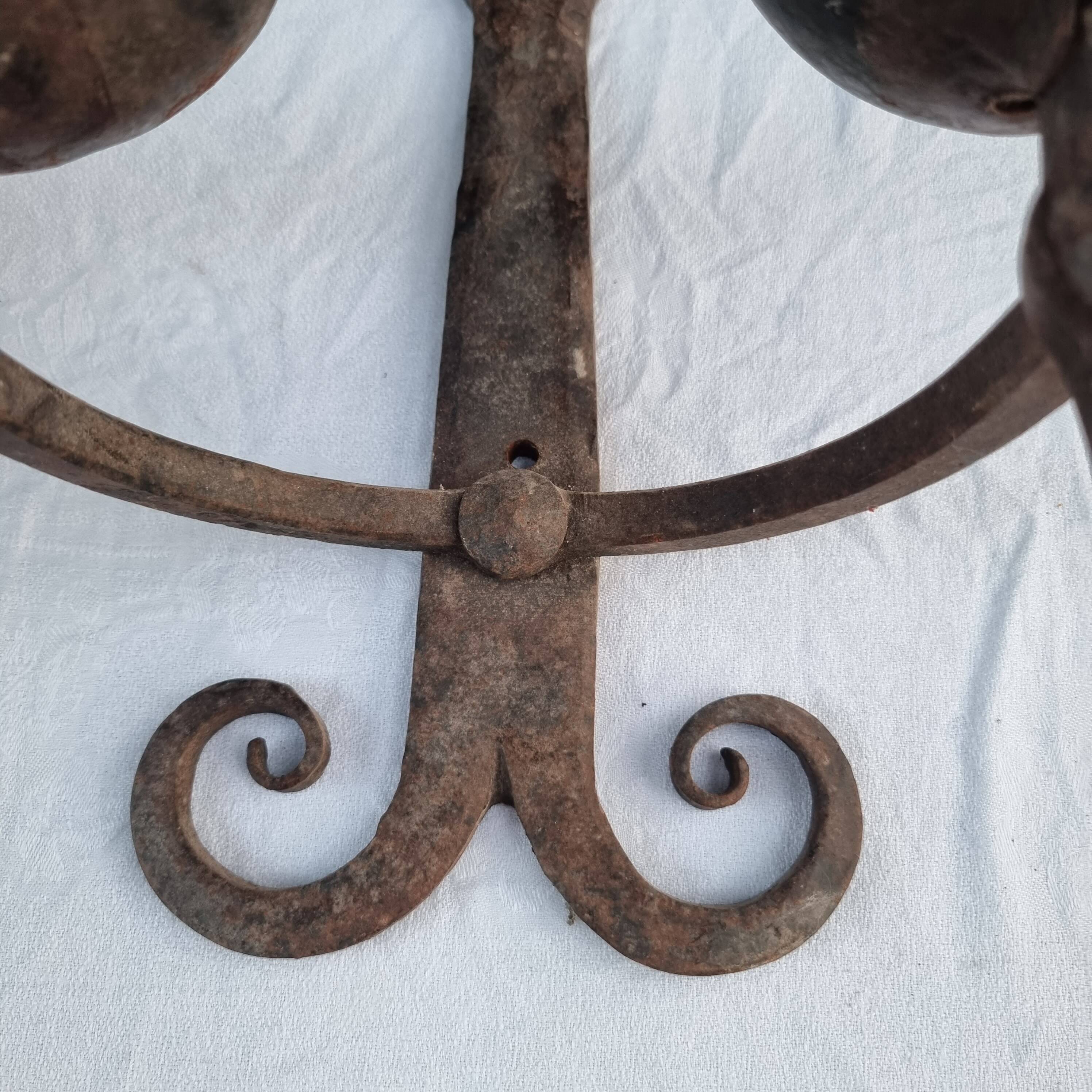 Pair of antique 15th century medieval castle wrought iron candlesticks