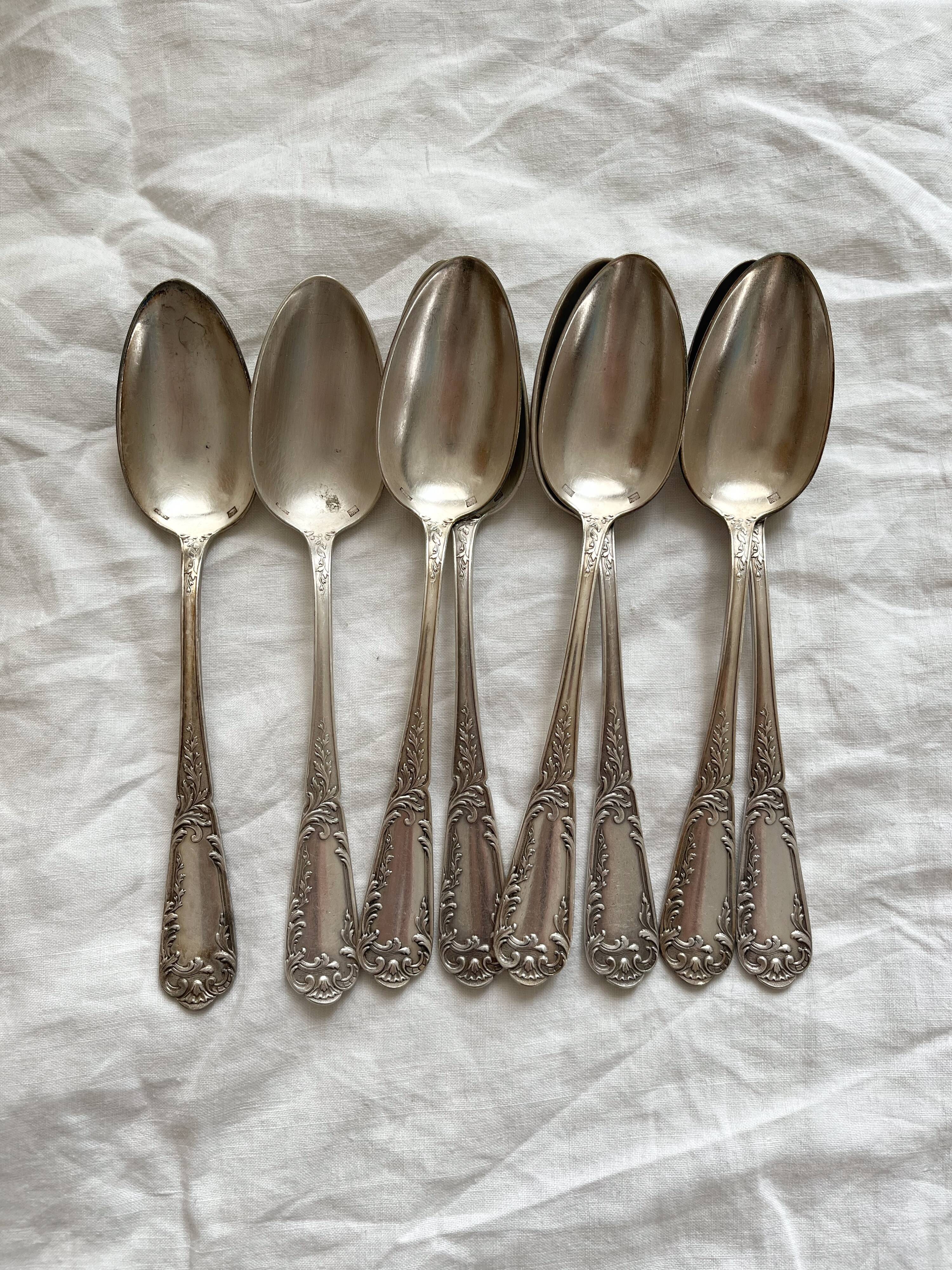 8 silver-plated metal soup spoons SFAM with acanthus and monogram decoration