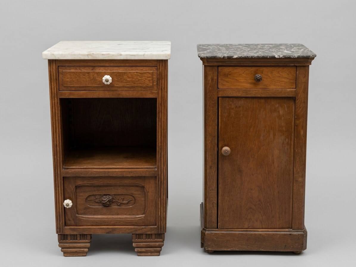 Set of 2 vintage wooden bedside tables with marble.