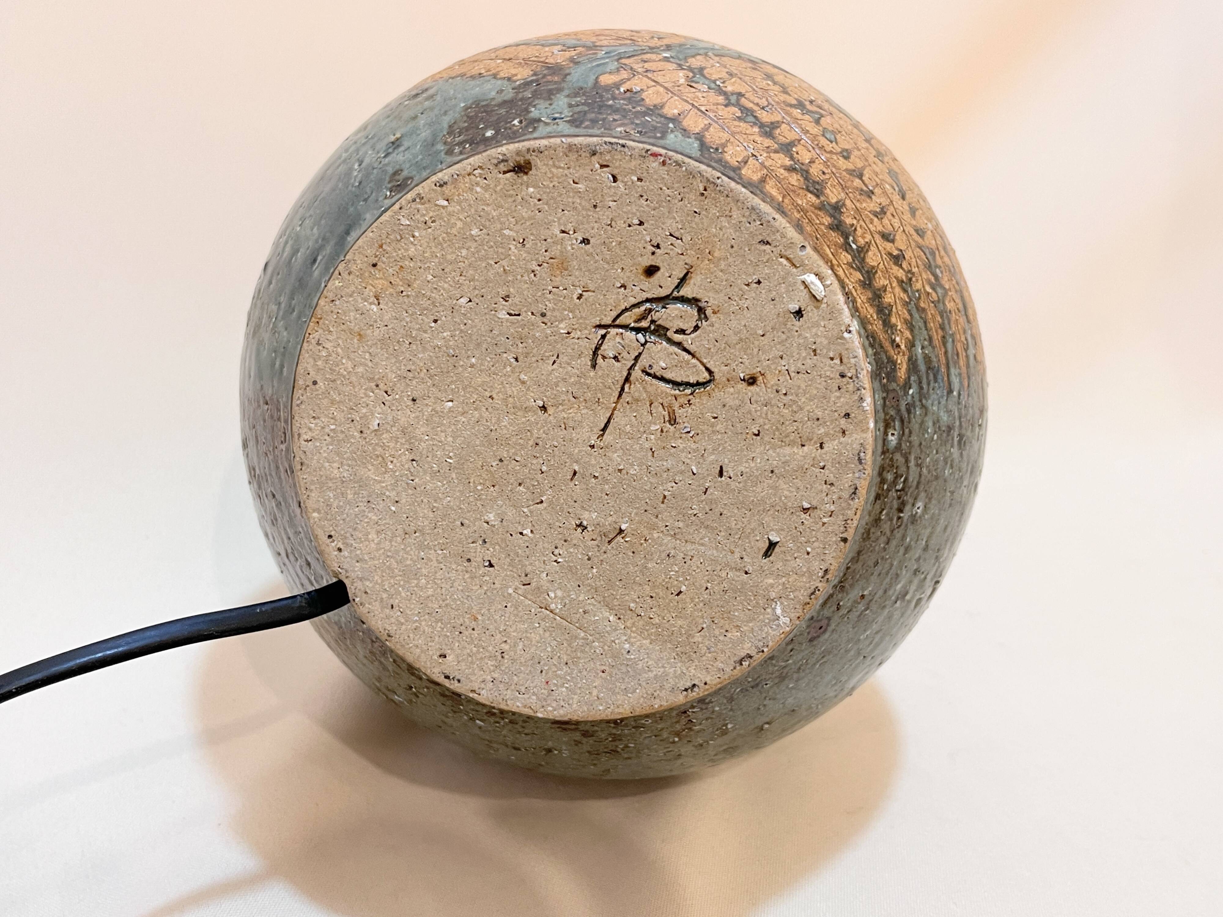 Vintage stoneware lamp by Alain Blanchard, 1970s, fern, rope shade