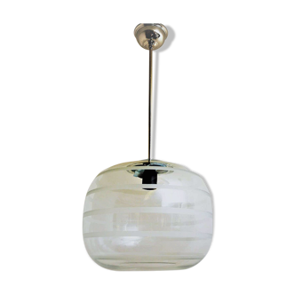 Vintage school ceiling glasslamp with frosted stripes, 1920s