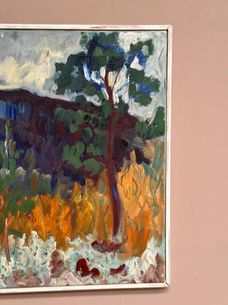 Original Swedish Oil on Canvas – "Tree in a Landscape", Unknown Artist – Vintage and Framed – 33 × 28 cm (12.9" × 11")