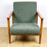 GFM-142 armchair, design by Edmund Homa from the 70s, olive green thick boucle - 2 pieces available