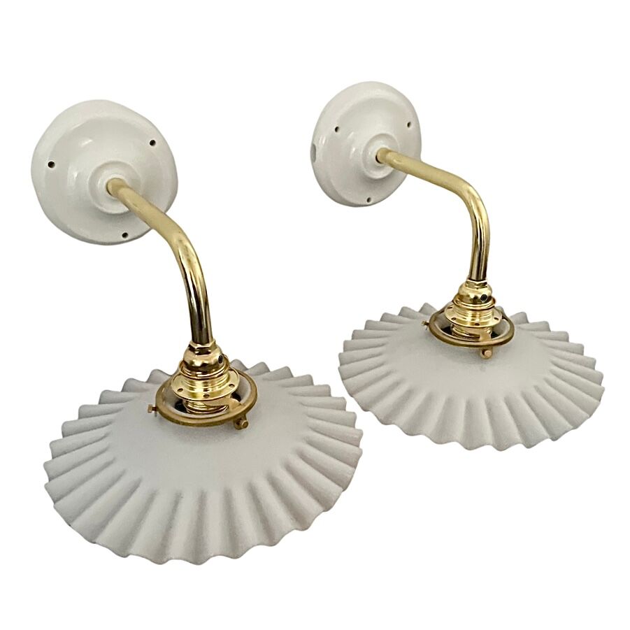 Set of two vintage white opaline wall lamps electrified to nine