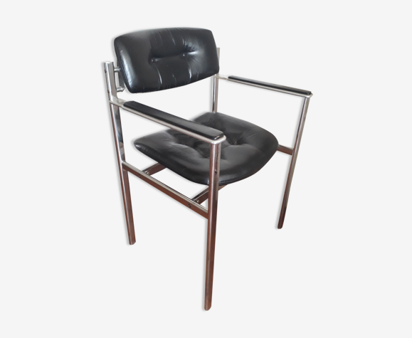 Fauteuil de bureau design vintage 1940/1960 cuir noir et chrome