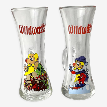 Paire de verres à spiritueux illustrées vintage Wildwasser