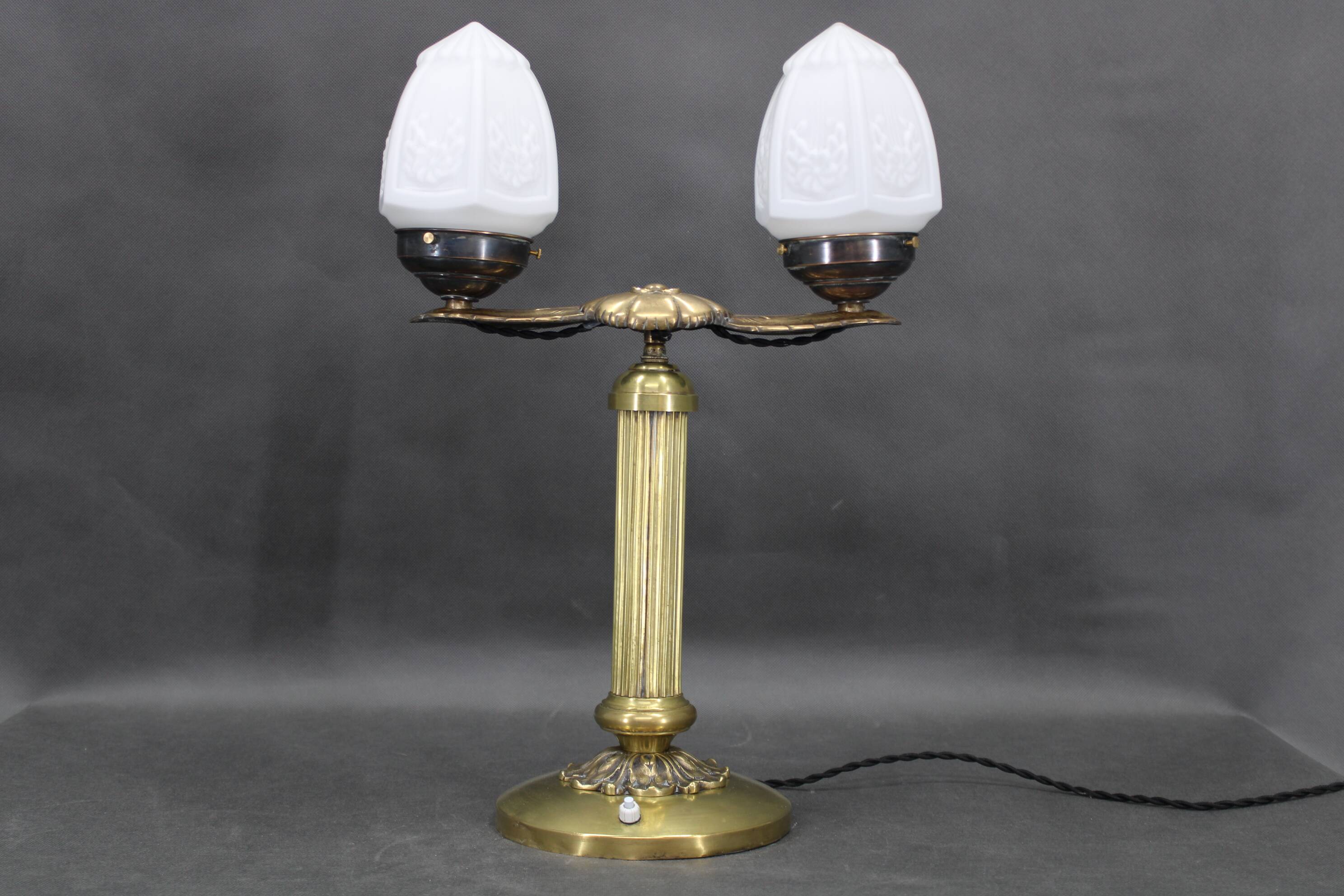 1930s Secession brass and glass dual desk lamp, Czechoslovakia
