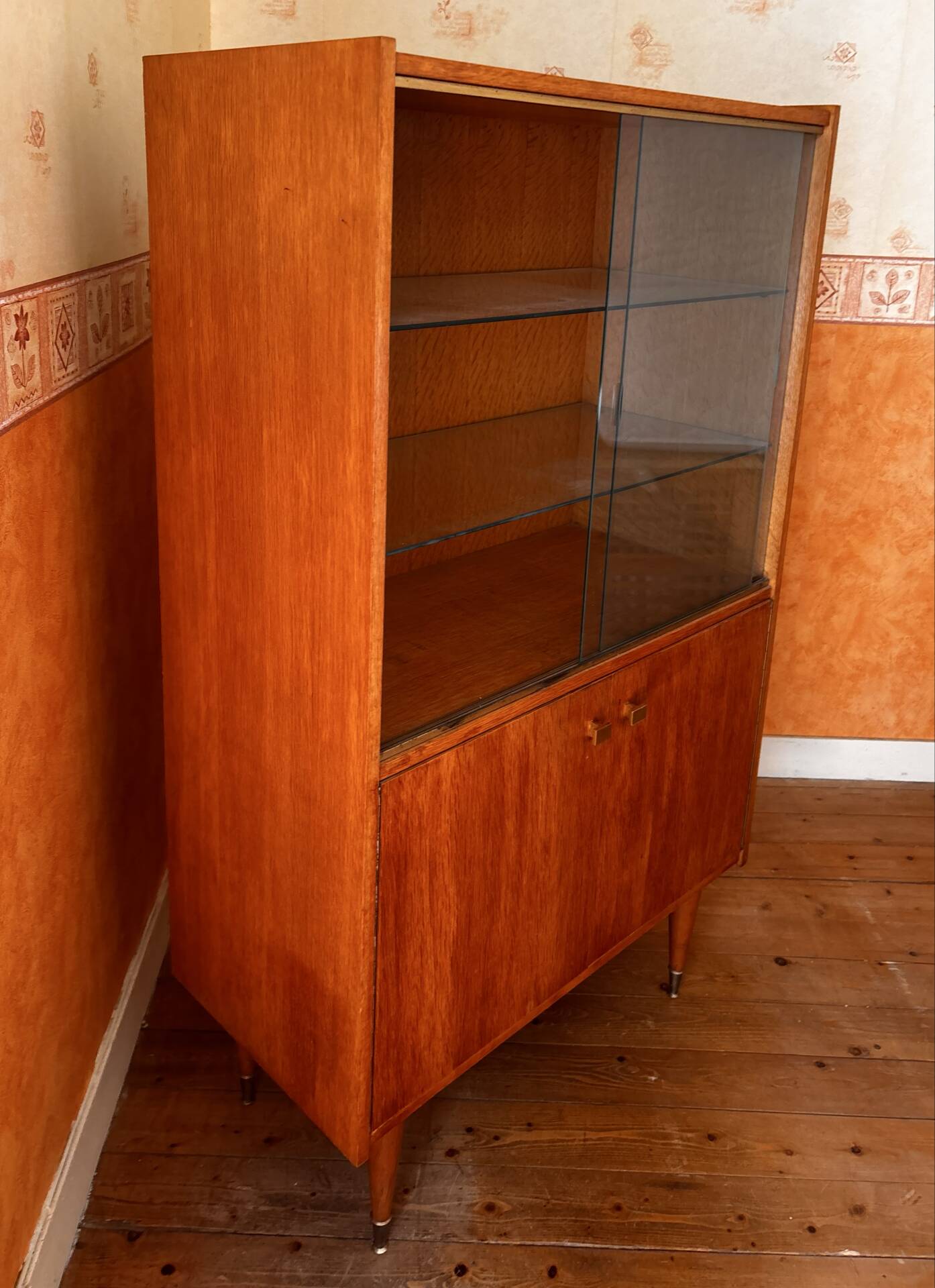 Vintage wooden display cabinet from the 60s-70s – Sliding glass doors