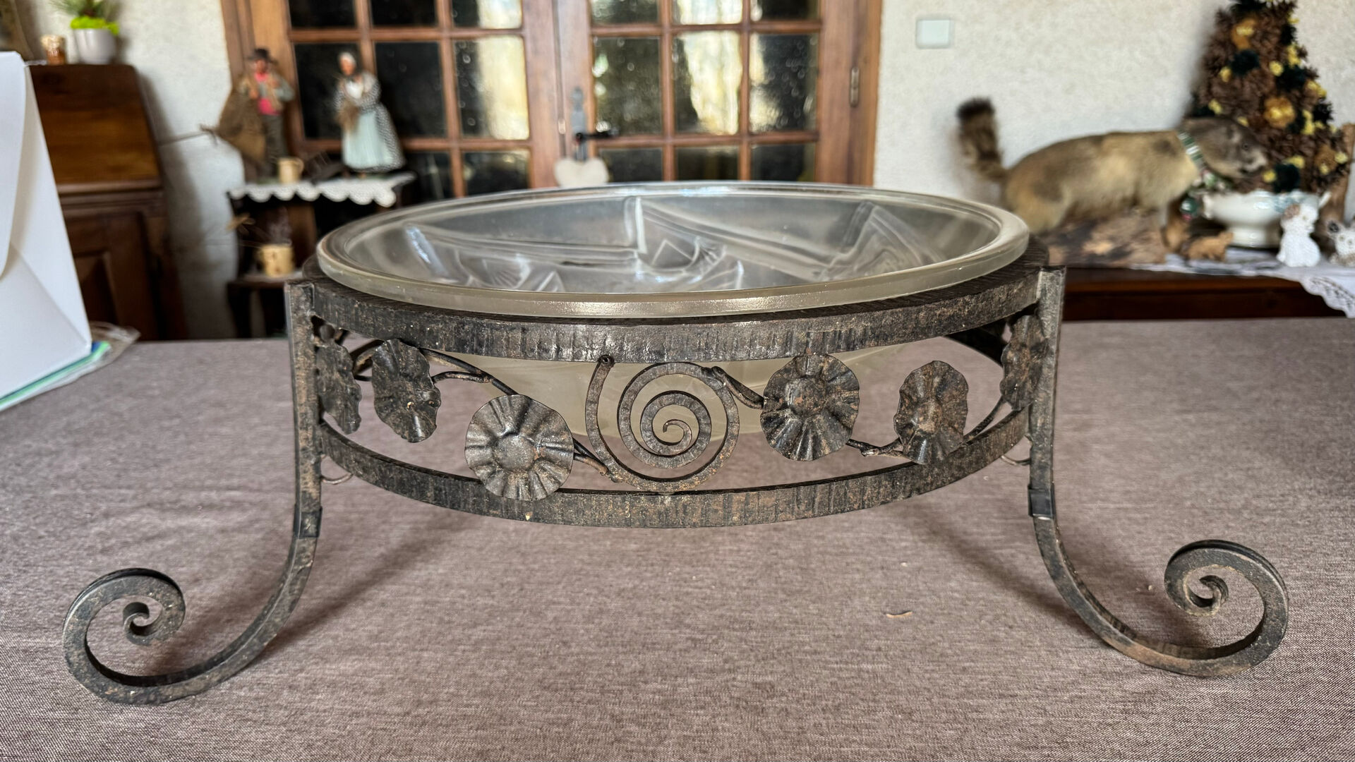 Art Deco ceiling light with wrought iron support