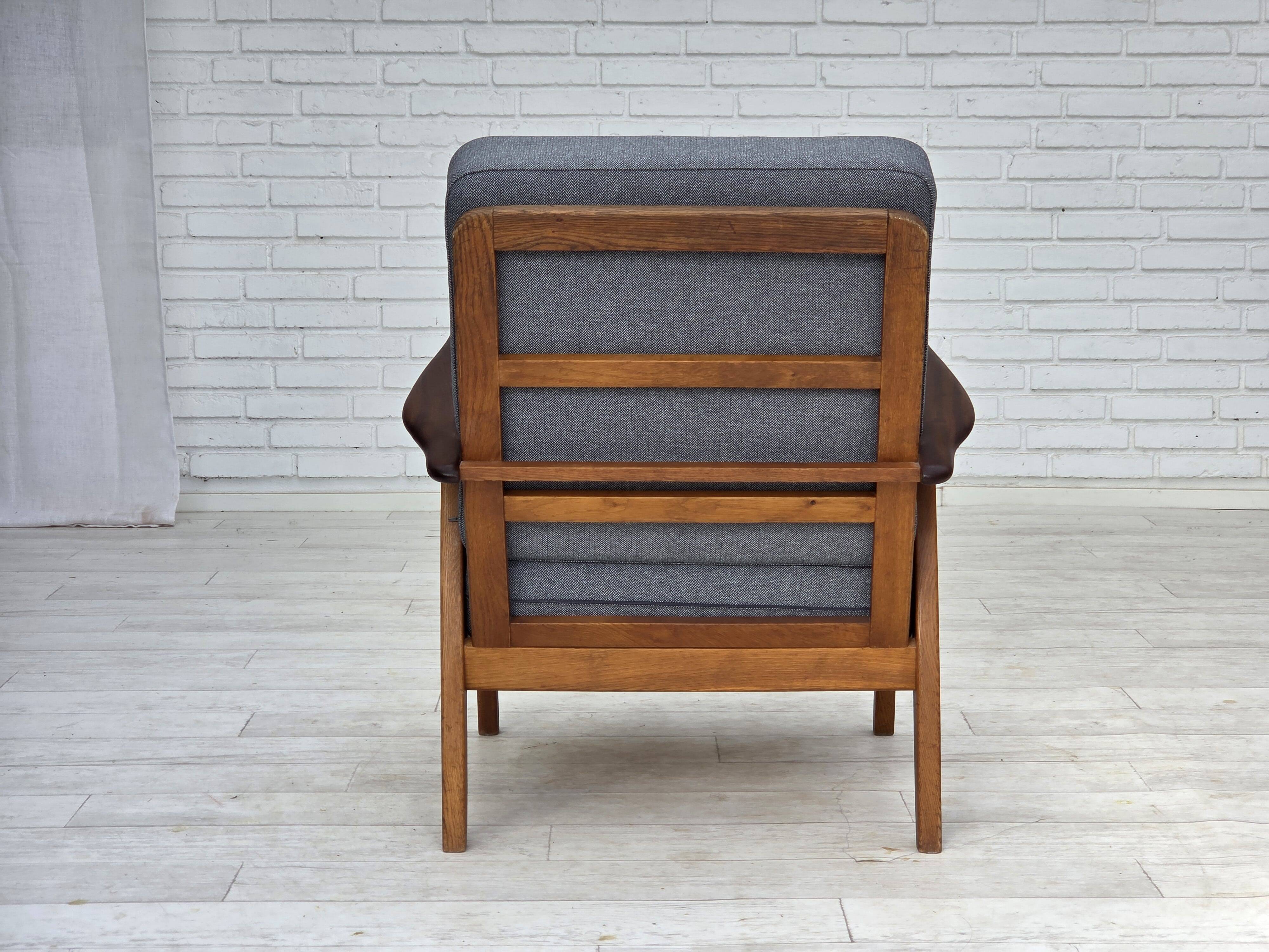 1970s, pair of Danish armchairs, reupholstered, furniture wool, teak, oak.