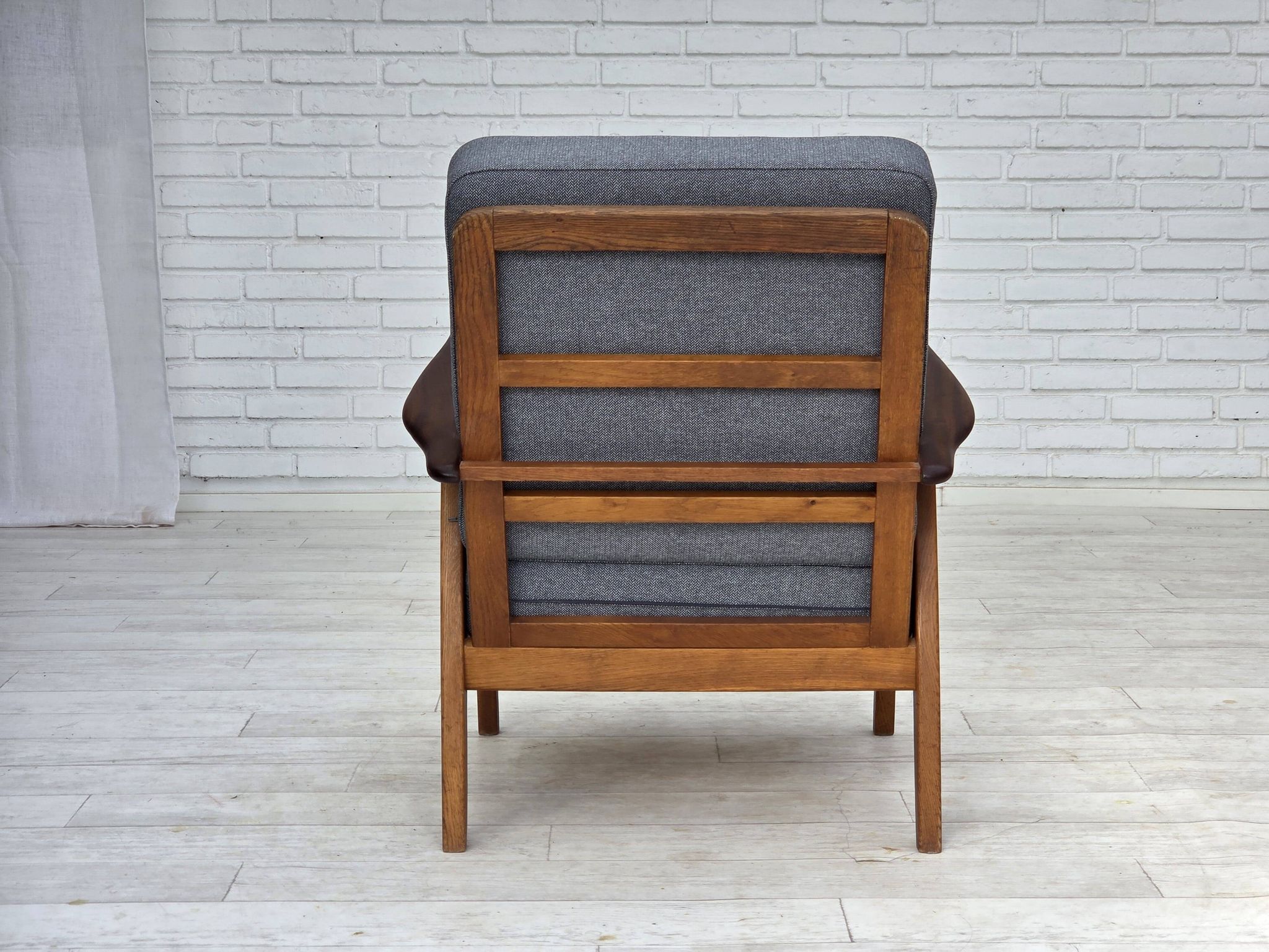 1970s, pair of Danish armchairs, reupholstered, furniture wool, teak, oak.