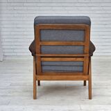 1970s, pair of Danish armchairs, reupholstered, furniture wool, teak, oak.