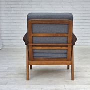 1970s, pair of Danish armchairs, reupholstered, furniture wool, teak, oak.