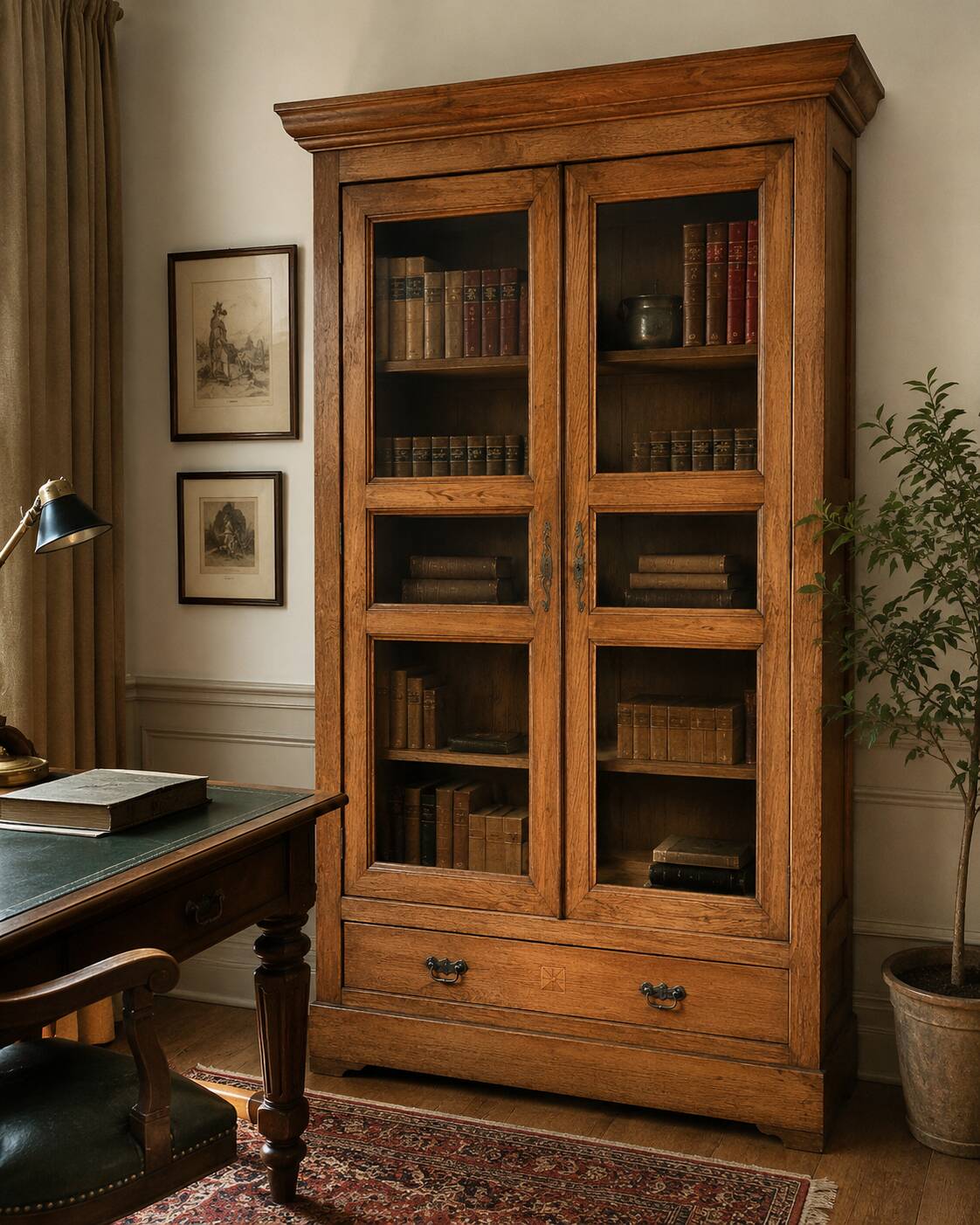 Large showcase library of a notary in solid oak from the late 19th century.