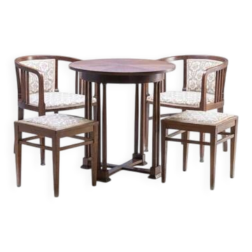 Art Nouveau seating set, bentwood table, armchairs & stools, circa 1910