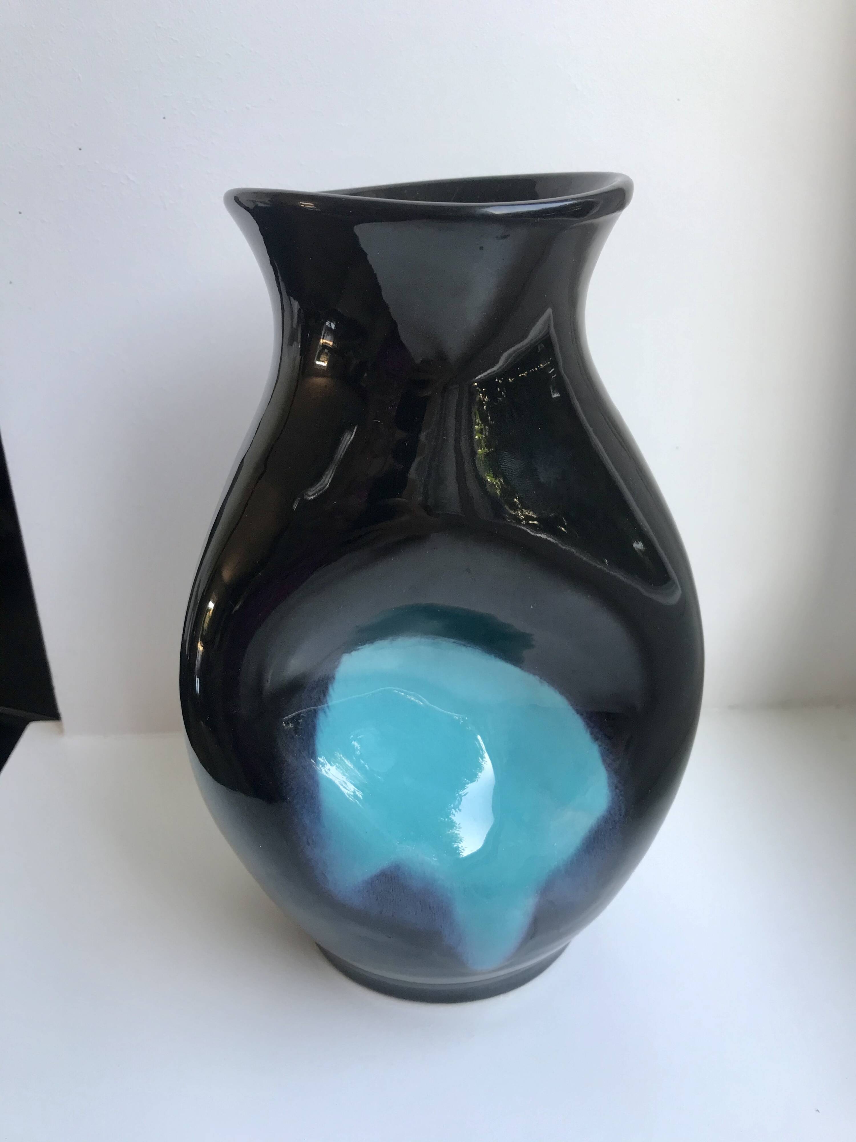 free-form design vase in black and blue ceramic from the 70s