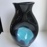 free-form design vase in black and blue ceramic from the 70s
