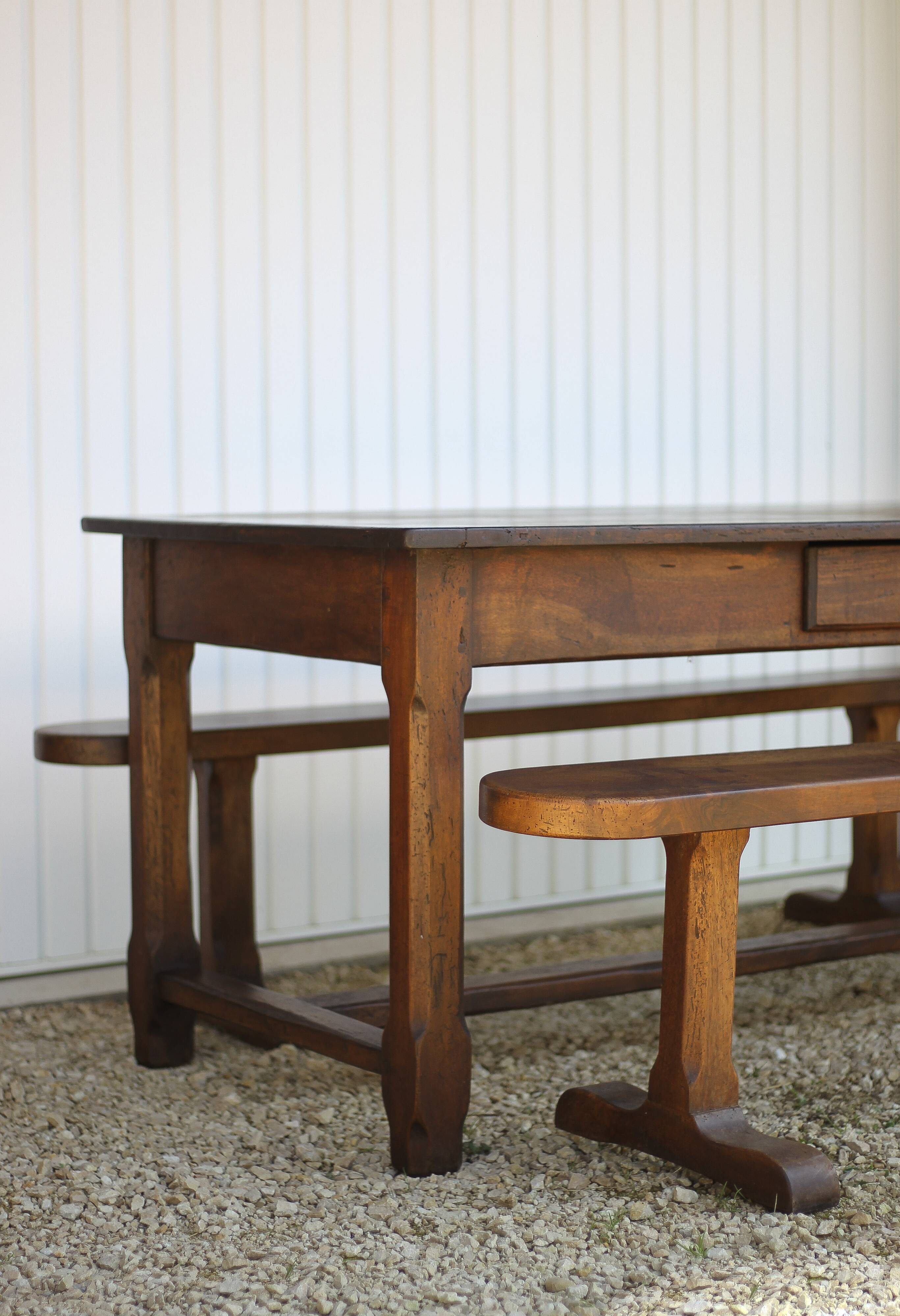Farmhouse table and two benches, antique wooden farmhouse table, living room furniture, country style, chalet style, decor